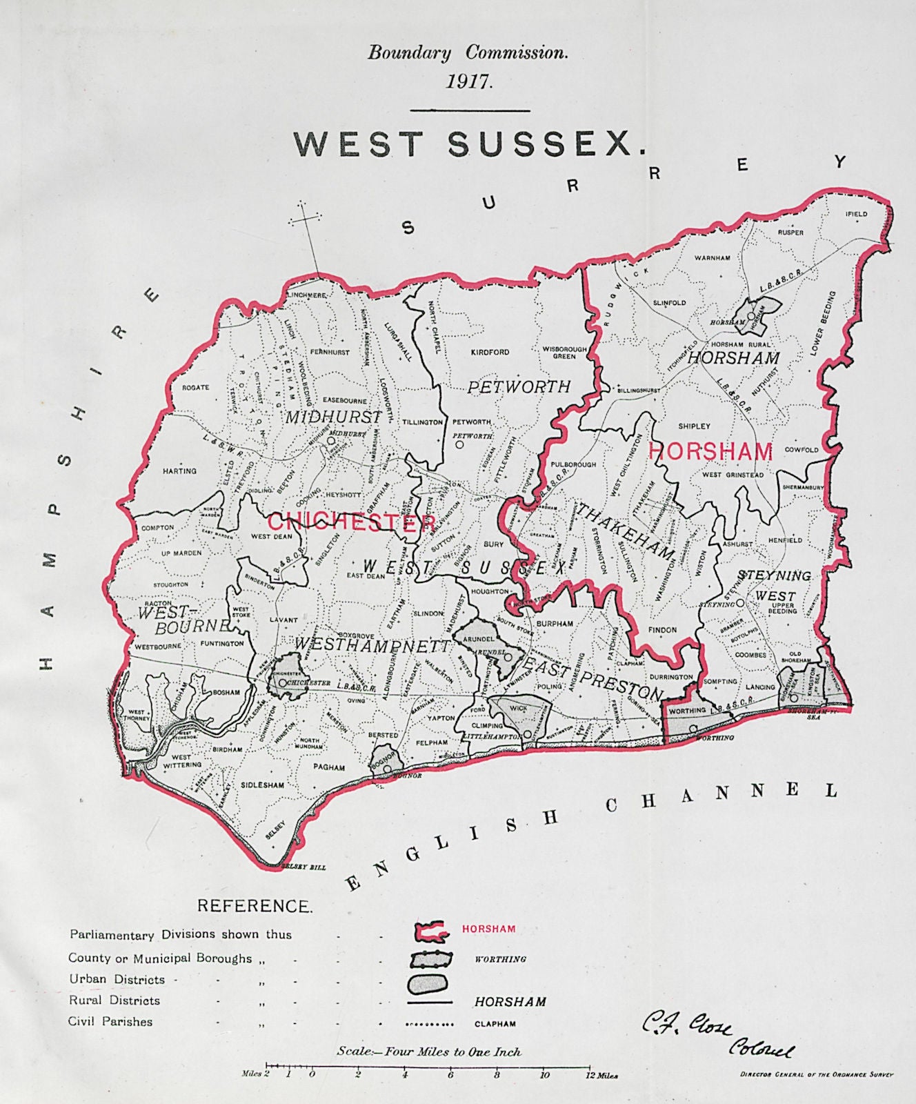 West Sussex Parliamentary County. BOUNDARY COMMISSION. Close 1917 old map